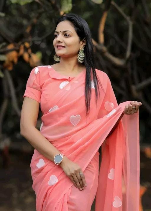 New Fancy Embroidery Work Georgette Tomato Saree With Blouse Piece