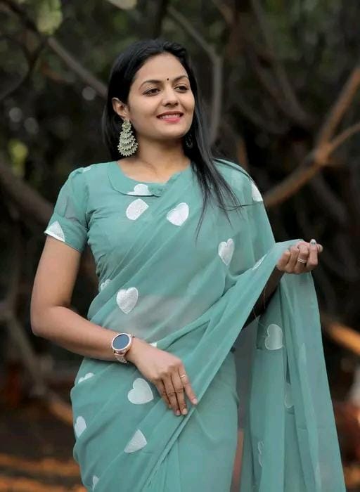 New Fancy Embroidery Work Georgette Rama Saree With Blouse Piece