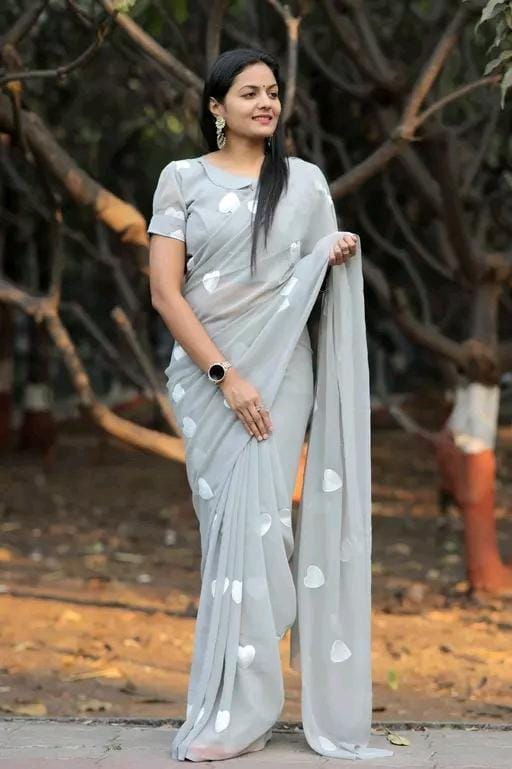 New Fancy Embroidery Work Georgette Grey Saree With Blouse Piece