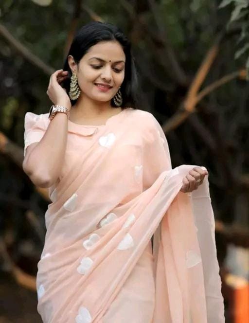 New Fancy Embroidery Work Georgette Cream Saree With Blouse Piece