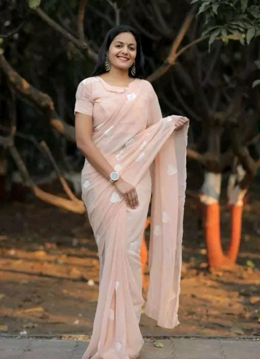New Fancy Embroidery Work Georgette Cream Saree With Blouse Piece