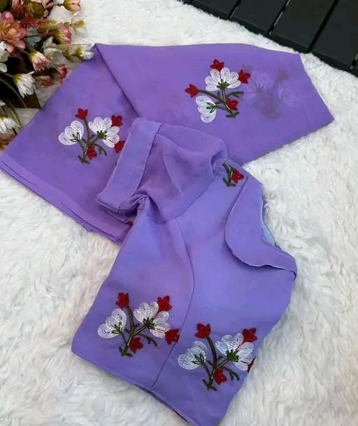New Fancy Embroidery Work Georgette Violet Saree With Blouse Piece