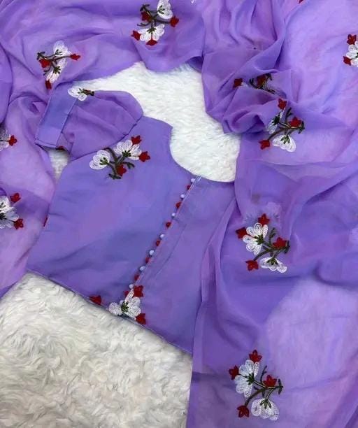 New Fancy Embroidery Work Georgette Violet Saree With Blouse Piece