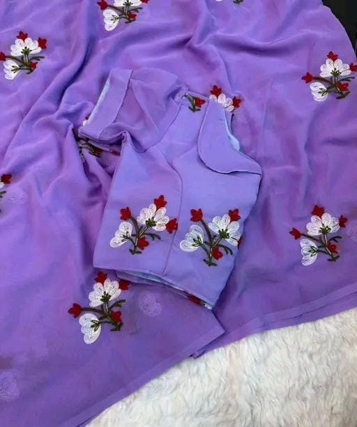 New Fancy Embroidery Work Georgette Violet Saree With Blouse Piece