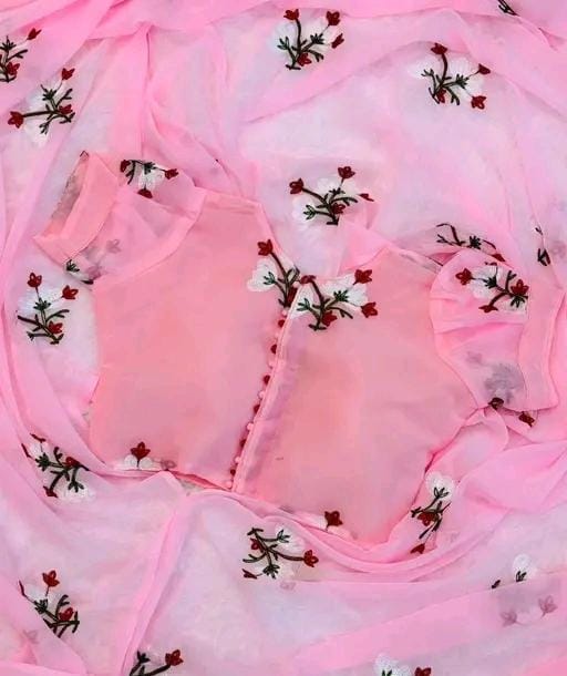 New Fancy Embroidery Work Georgette Pink Saree With Blouse Piece