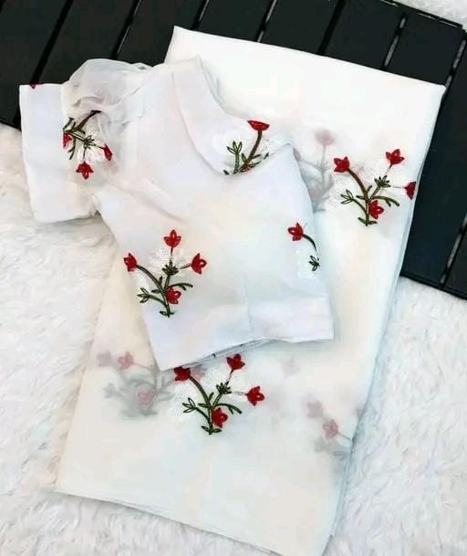 New Fancy Embroidery Work Georgette White Saree With Blouse Piece