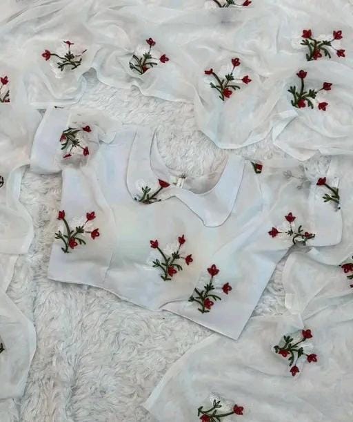 New Fancy Embroidery Work Georgette White Saree With Blouse Piece