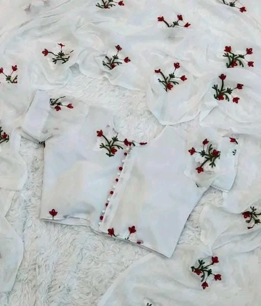 New Fancy Embroidery Work Georgette White Saree With Blouse Piece