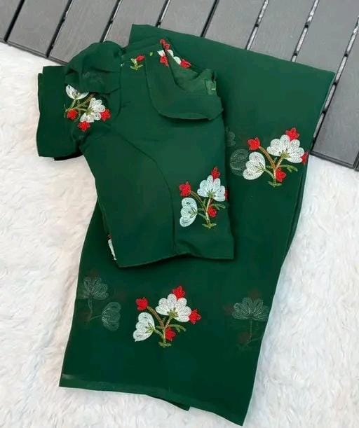 New Fancy Embroidery Work Georgette Green Saree With Blouse Piece