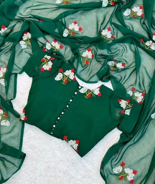 New Fancy Embroidery Work Georgette Green Saree With Blouse Piece