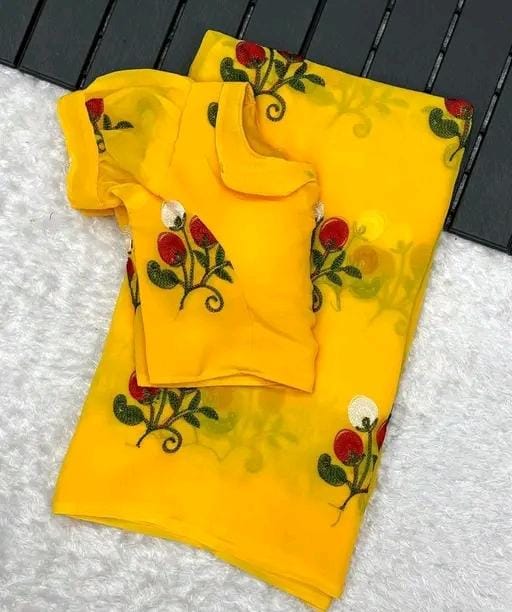 New Fancy Embroidery Work Georgette Yellow Saree With Blouse Piece