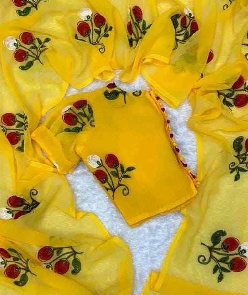 New Fancy Embroidery Work Georgette Yellow Saree With Blouse Piece