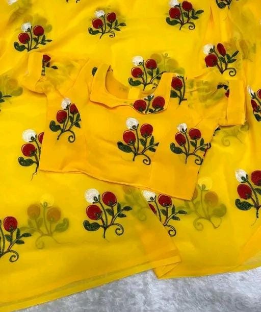 New Fancy Embroidery Work Georgette Yellow Saree With Blouse Piece