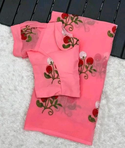 New Fancy Embroidery Work Georgette Pink Saree With Blouse Piece