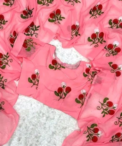 New Fancy Embroidery Work Georgette Pink Saree With Blouse Piece