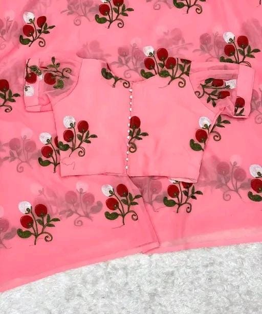 New Fancy Embroidery Work Georgette Pink Saree With Blouse Piece