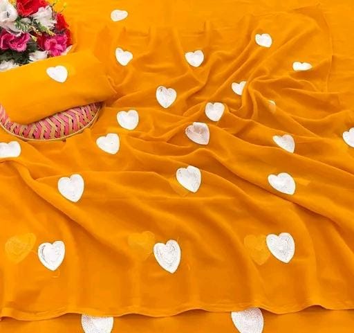 New Fancy Embroidery Work Georgette Yellow Saree With Blouse Piece