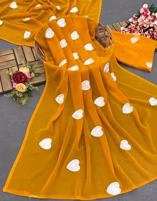 New Fancy Embroidery Work Georgette Yellow Saree With Blouse Piece