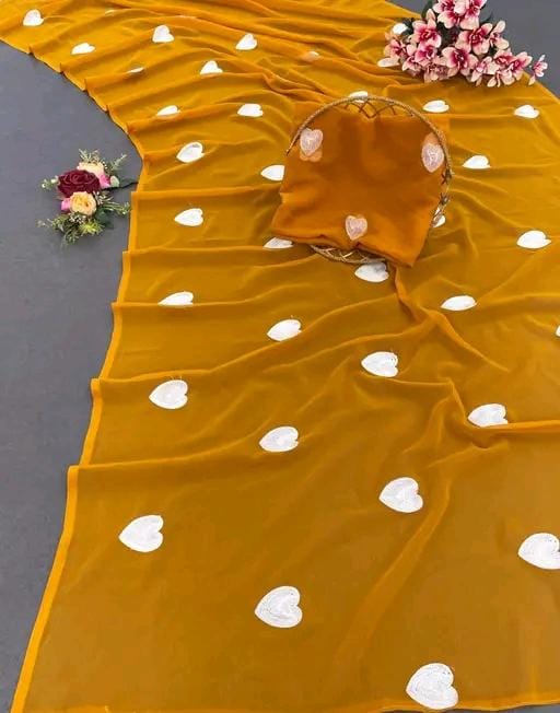 New Fancy Embroidery Work Georgette Yellow Saree With Blouse Piece