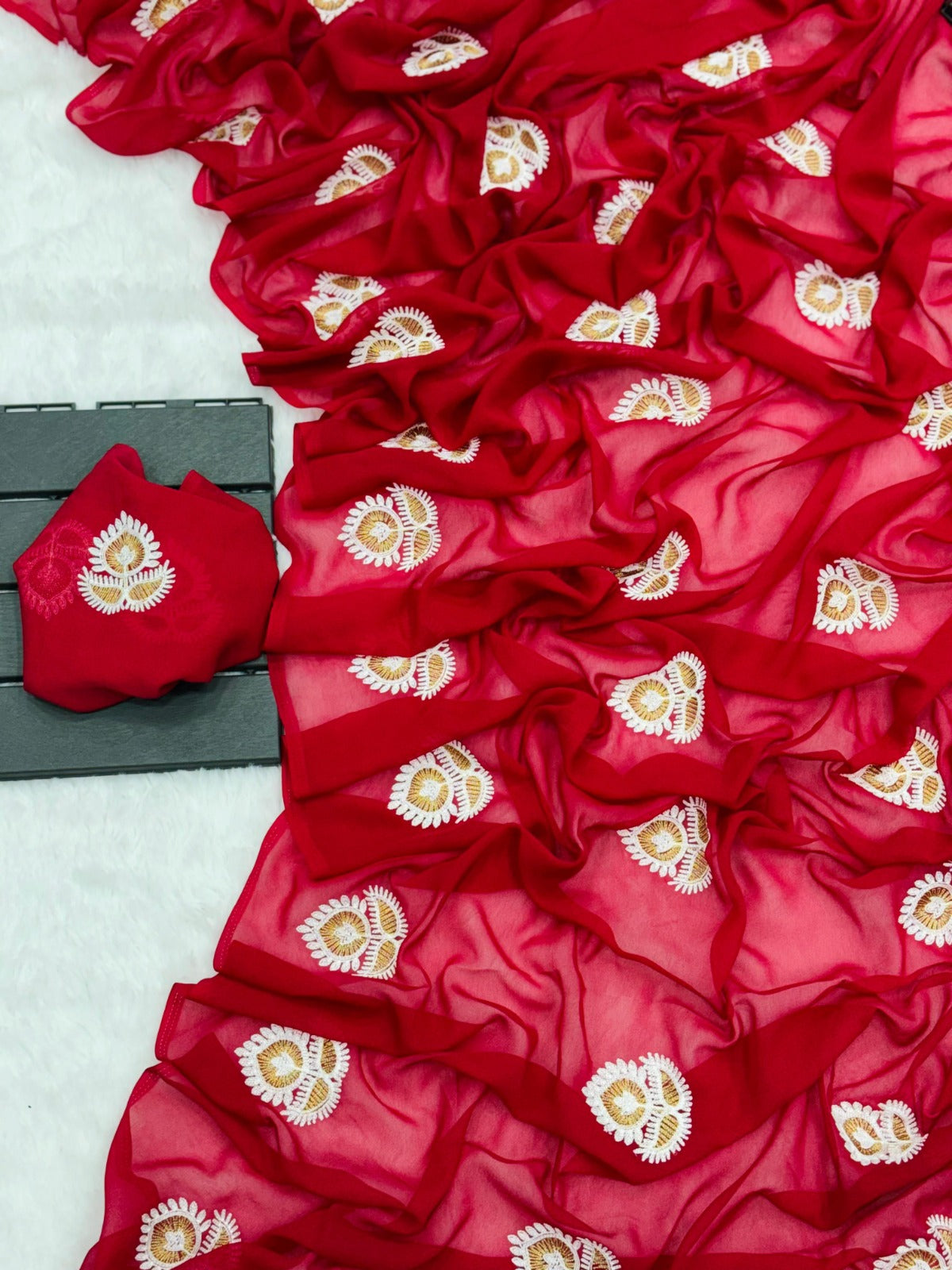 New Fancy Embroidery Work Georgette Saree With Blouse Piece