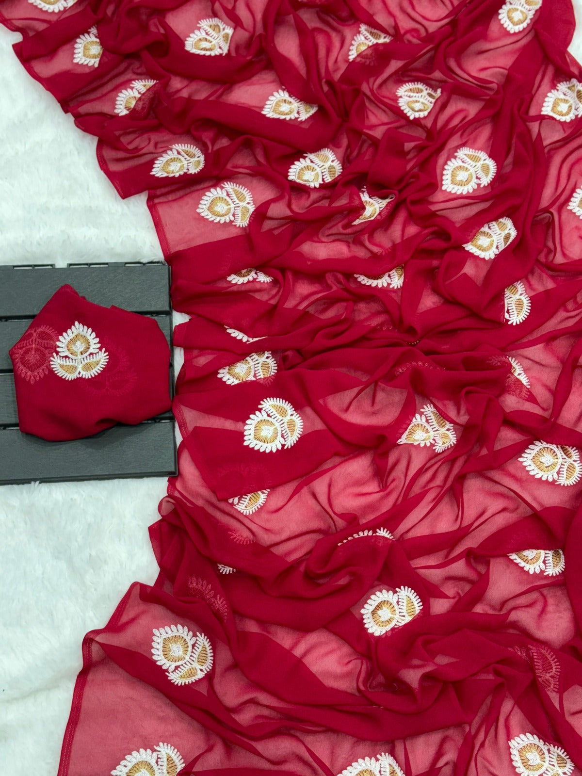 New Fancy Embroidery Work Georgette Saree With Blouse Piece