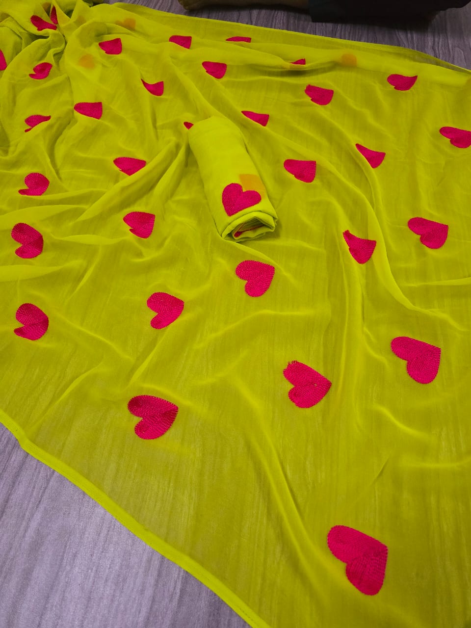 New Fancy Embroidery Work Georgette Green Saree With Blouse Piece