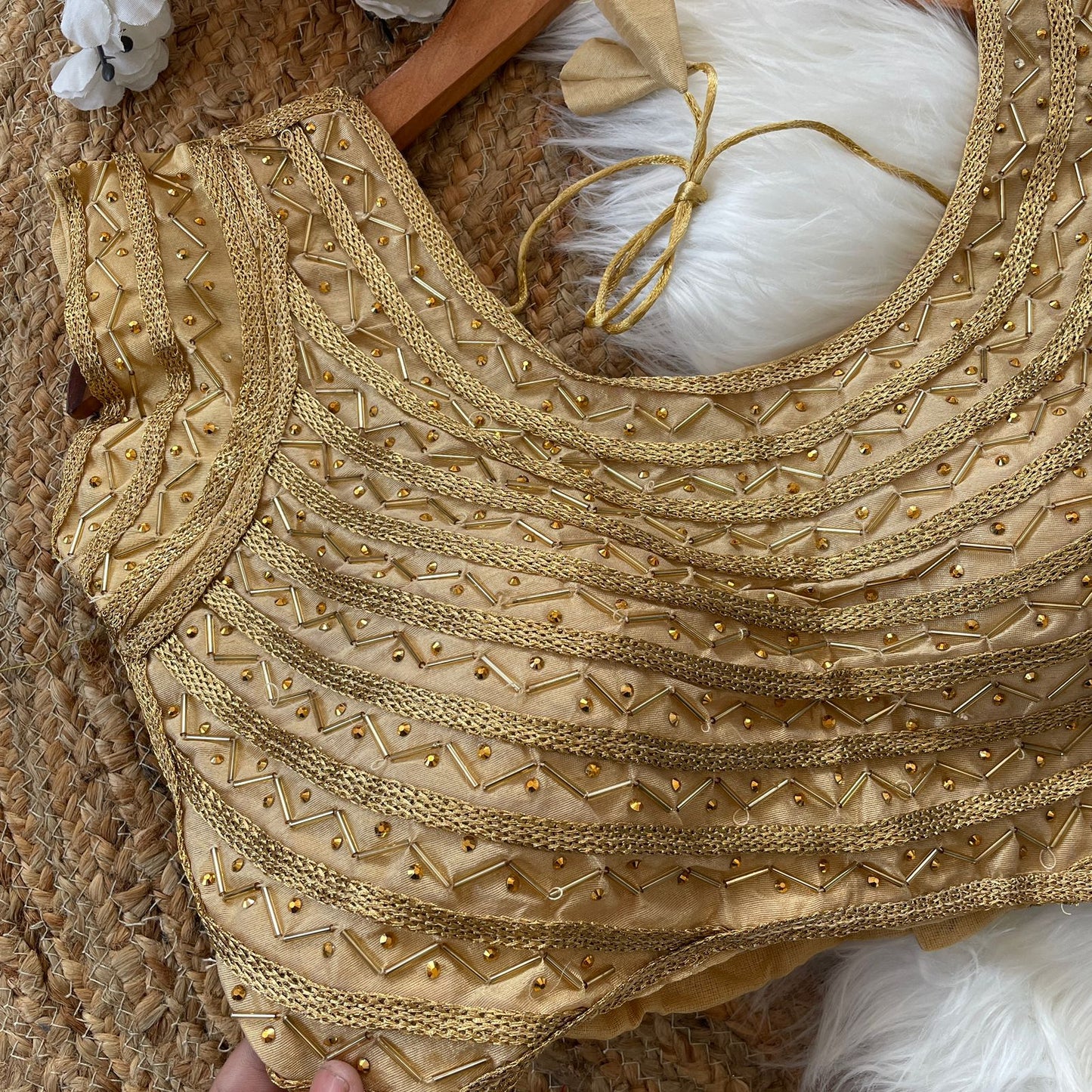 Handcrafted Pearl Work Golden Blouse