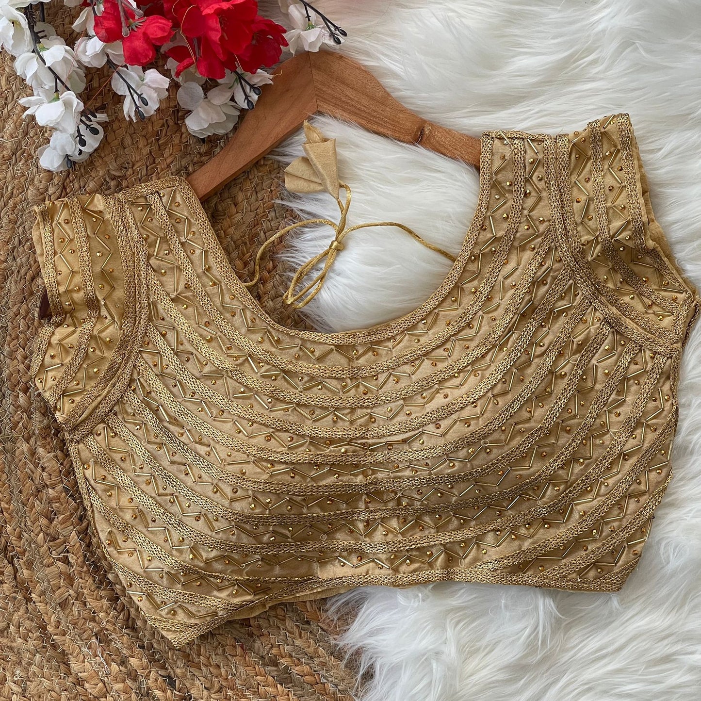 Handcrafted Pearl Work Golden Blouse