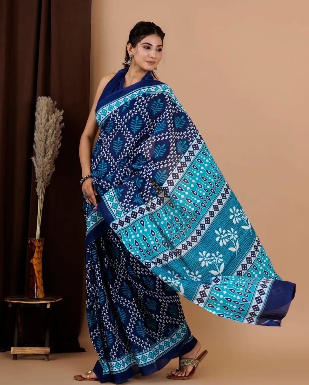 Chanderi Cotton Digital Blue printed Saree