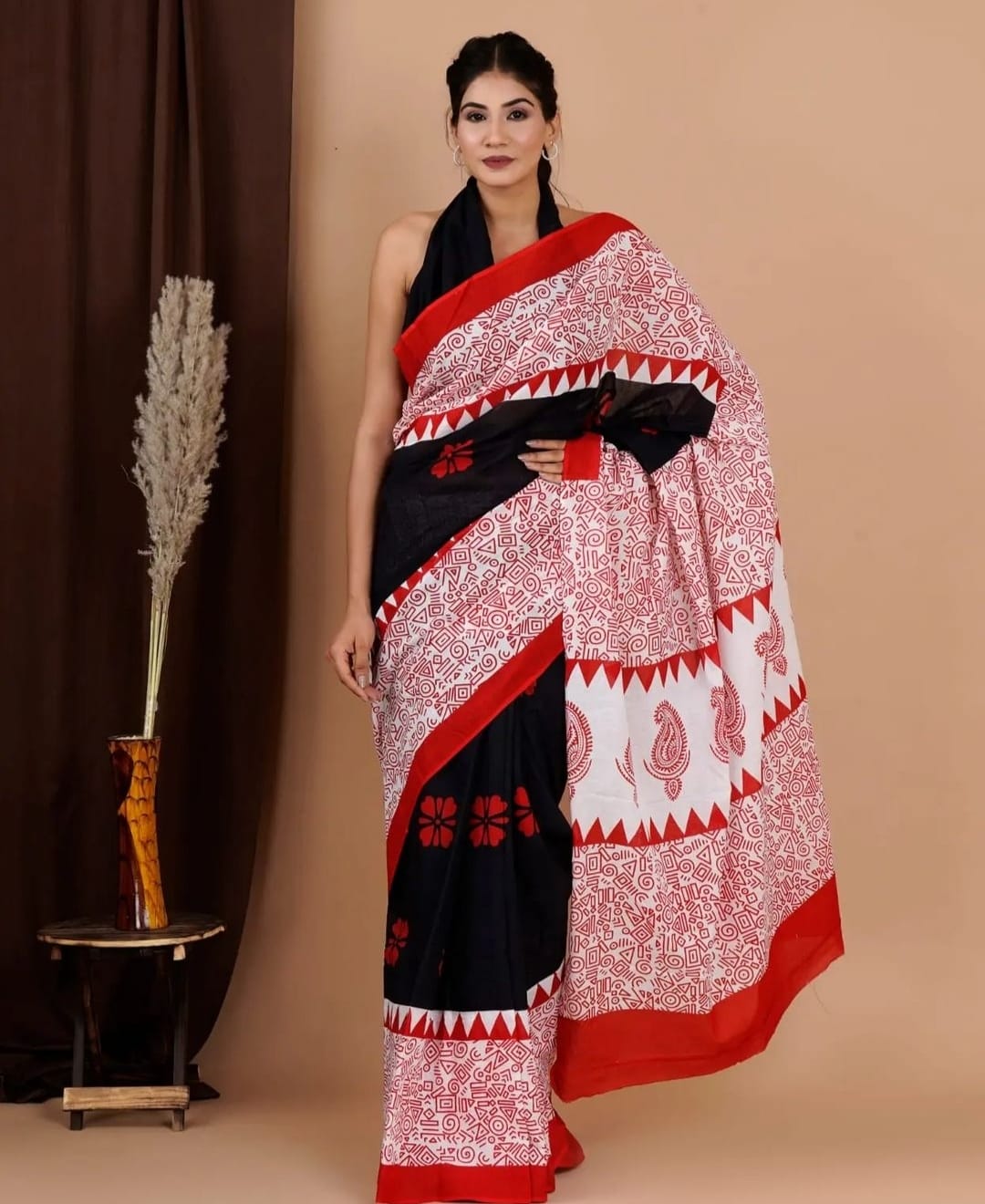 Chanderi Cotton Digital black red printed Saree