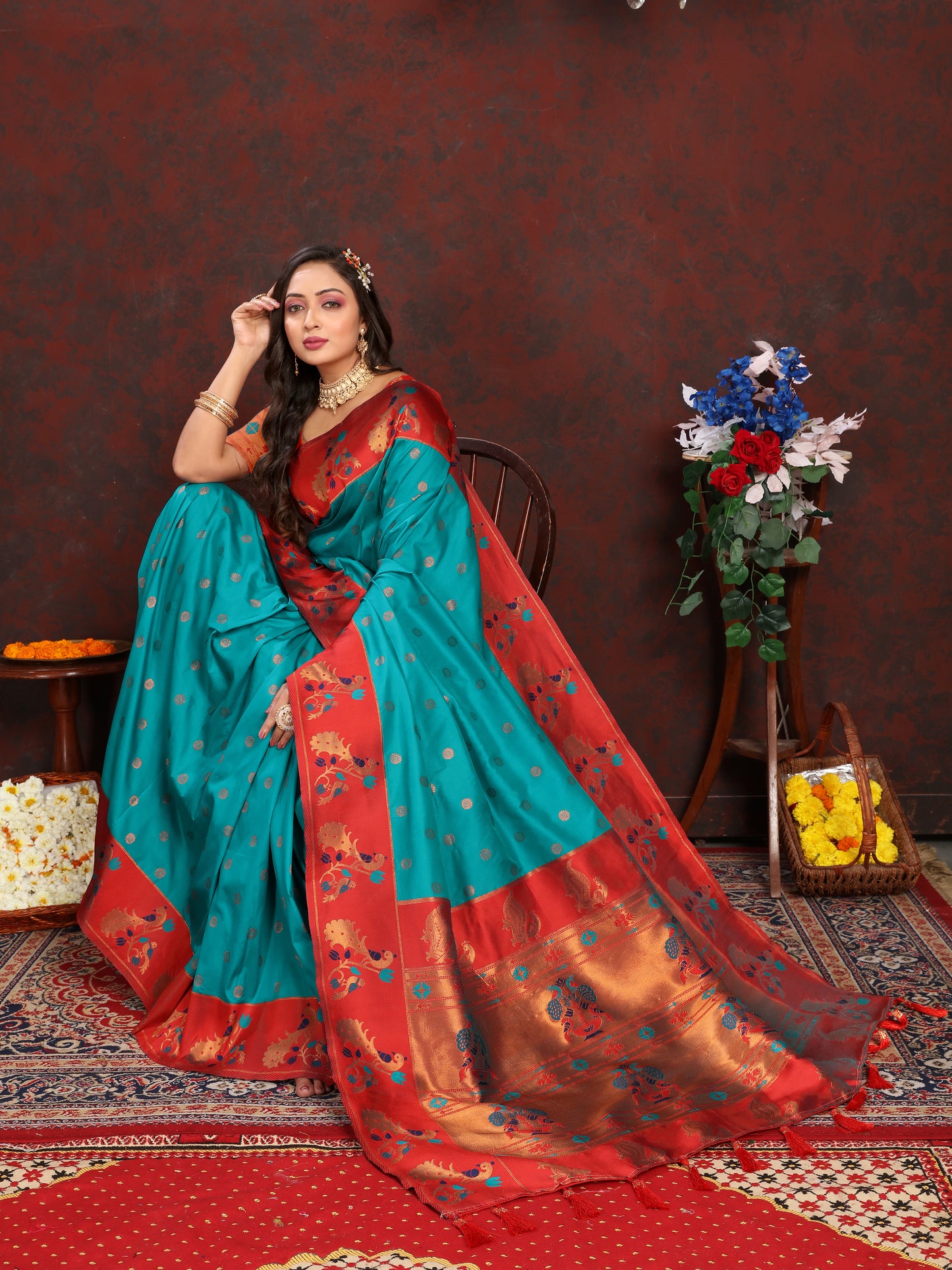 Banarasi Soft Silk Red And Rama Saree