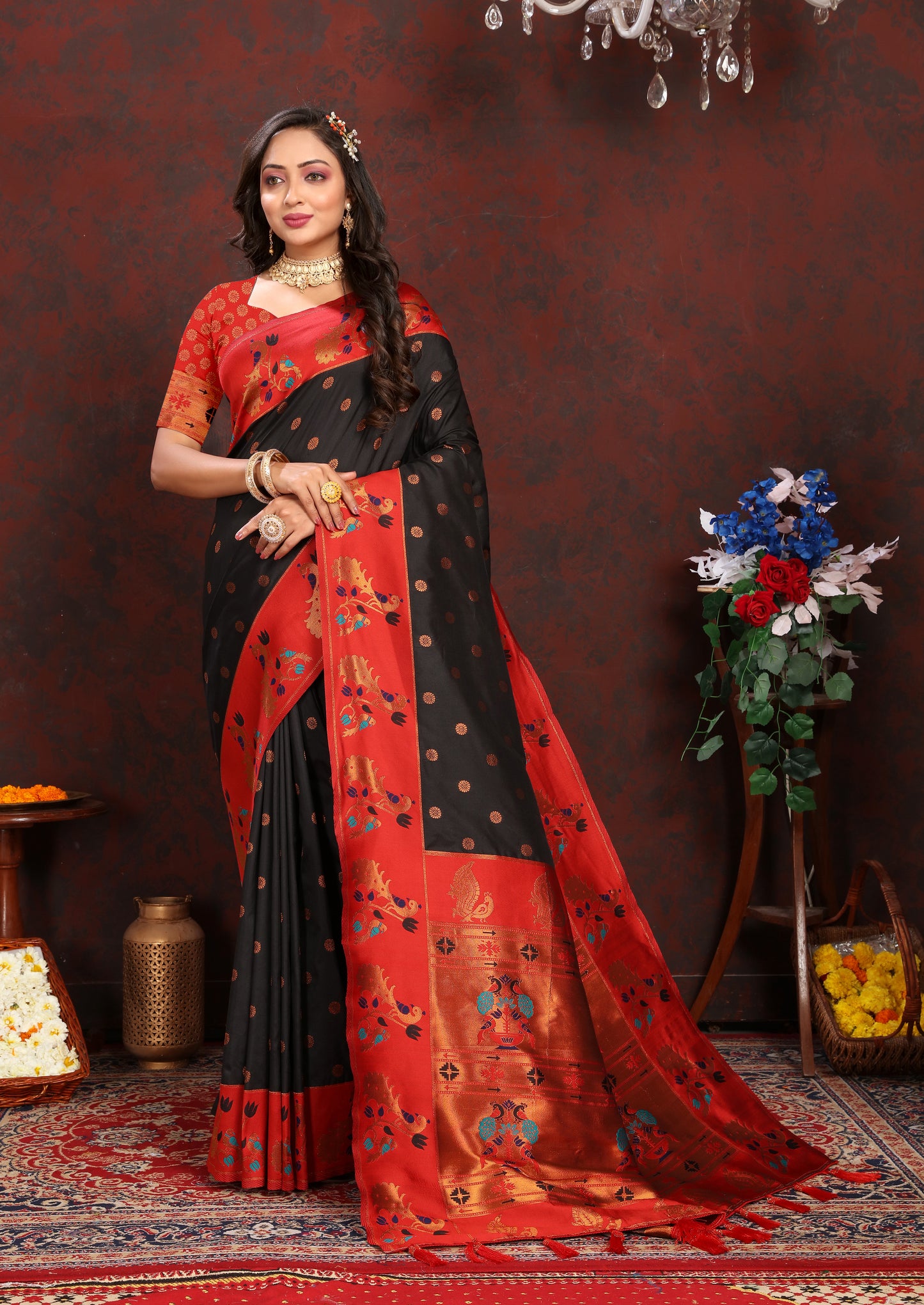 Banarasi Soft Silk Red And Black Saree