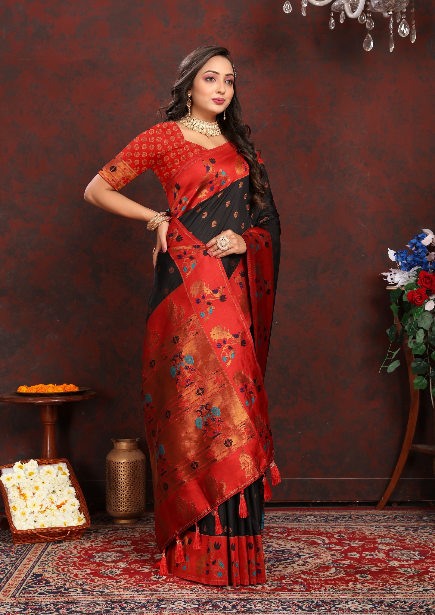 Banarasi Soft Silk Red And Black Saree