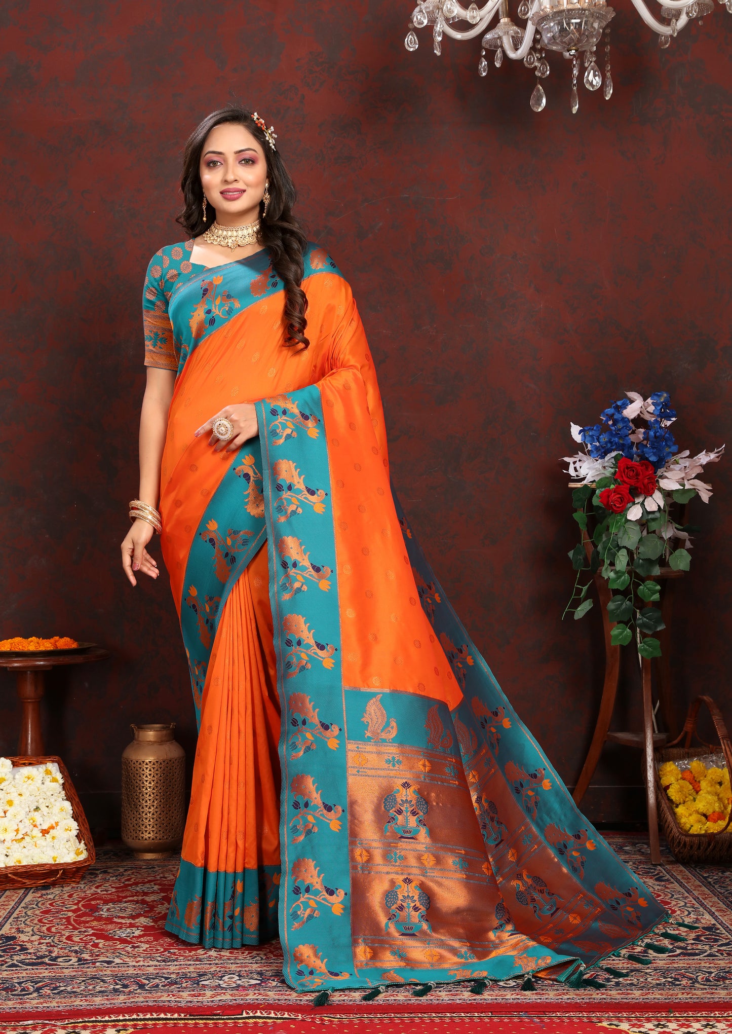 Banarasi Soft Silk Orange And Rama Saree