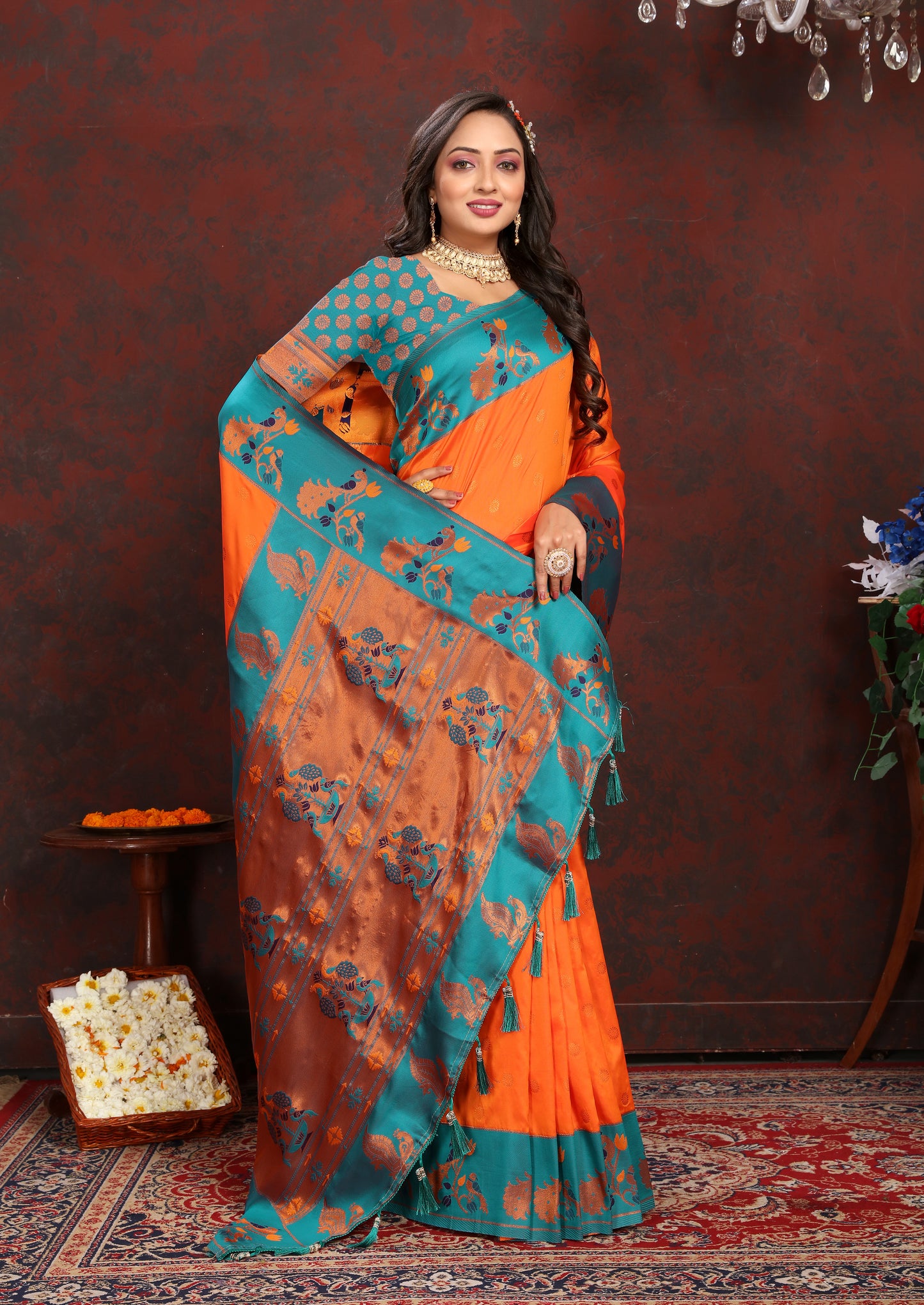 Banarasi Soft Silk Orange And Rama Saree