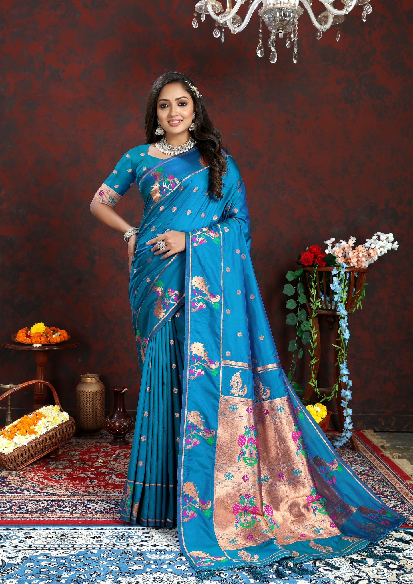 Soft Pethani Silk Blue Saree with Copper Zari Weawing Motifs