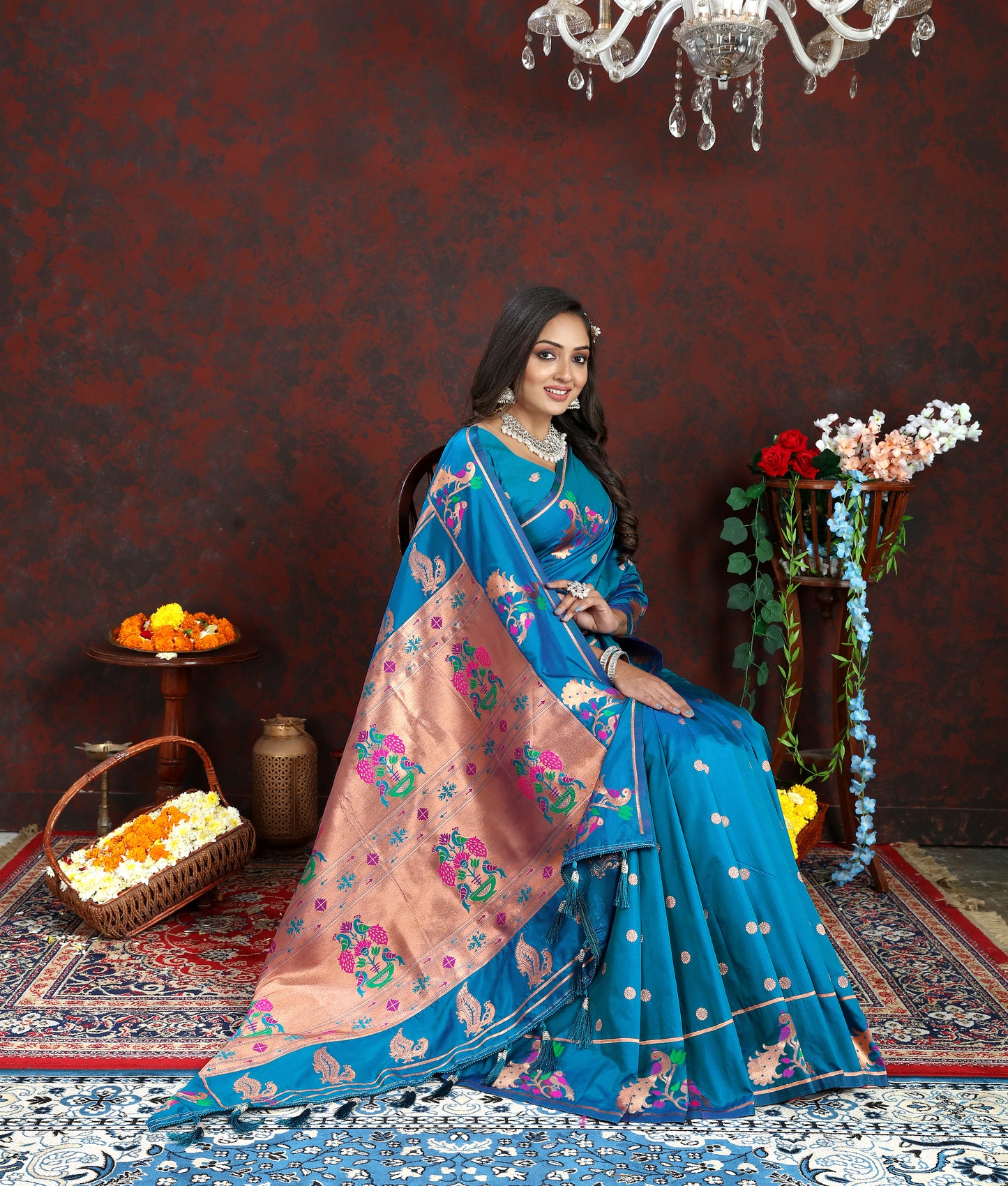 Soft Pethani Silk Blue Saree with Copper Zari Weawing Motifs