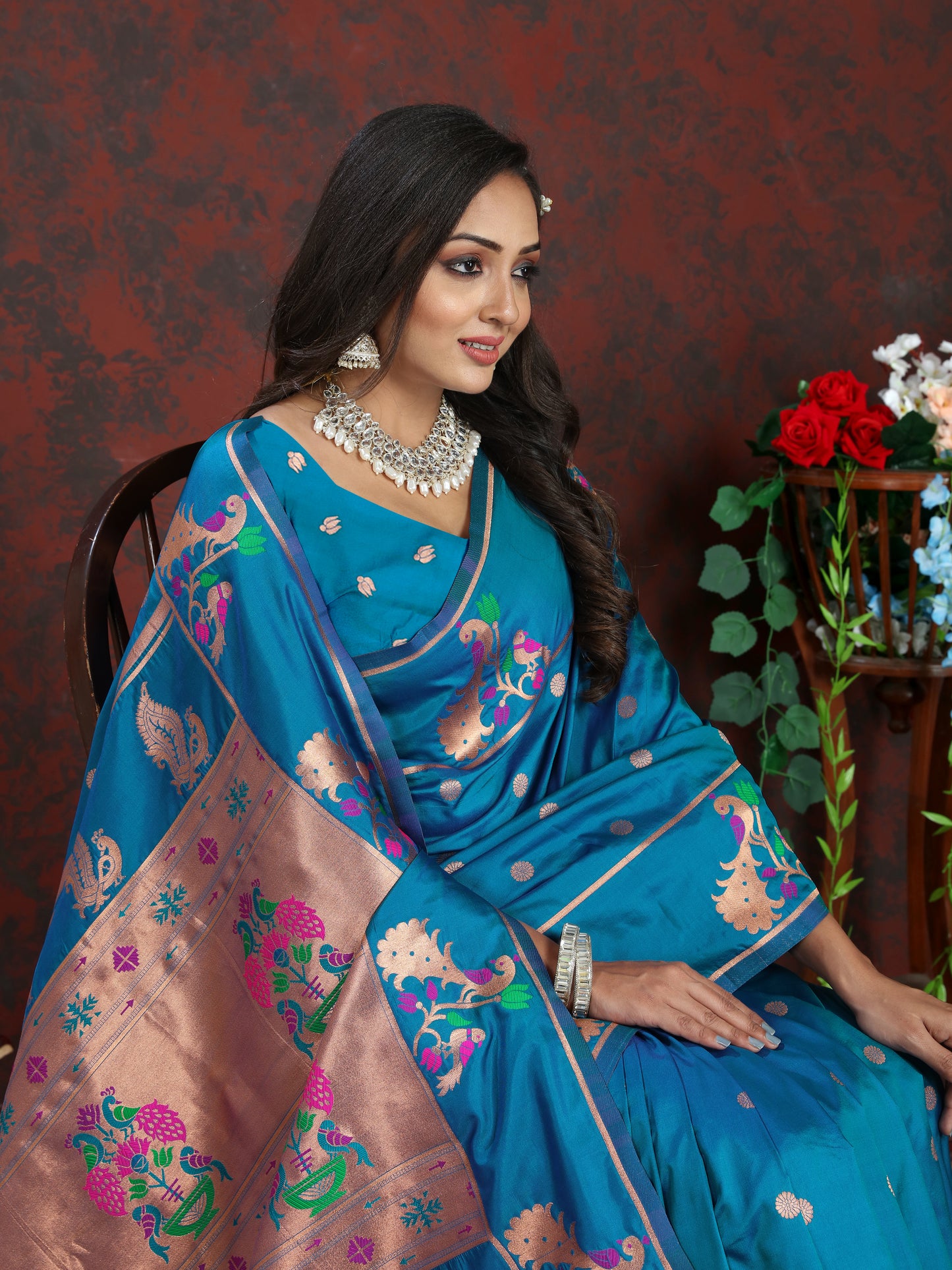 Soft Pethani Silk Blue Saree with Copper Zari Weawing Motifs