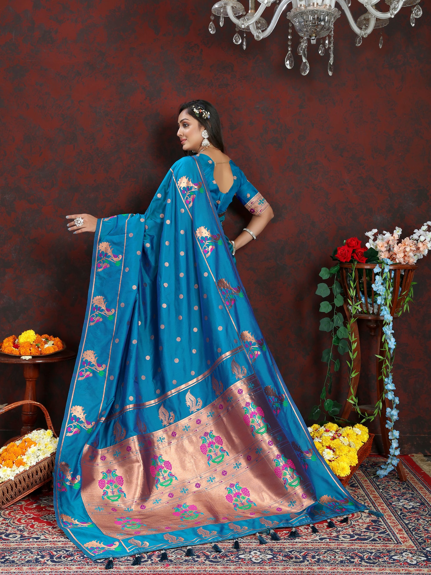 Soft Pethani Silk Blue Saree with Copper Zari Weawing Motifs