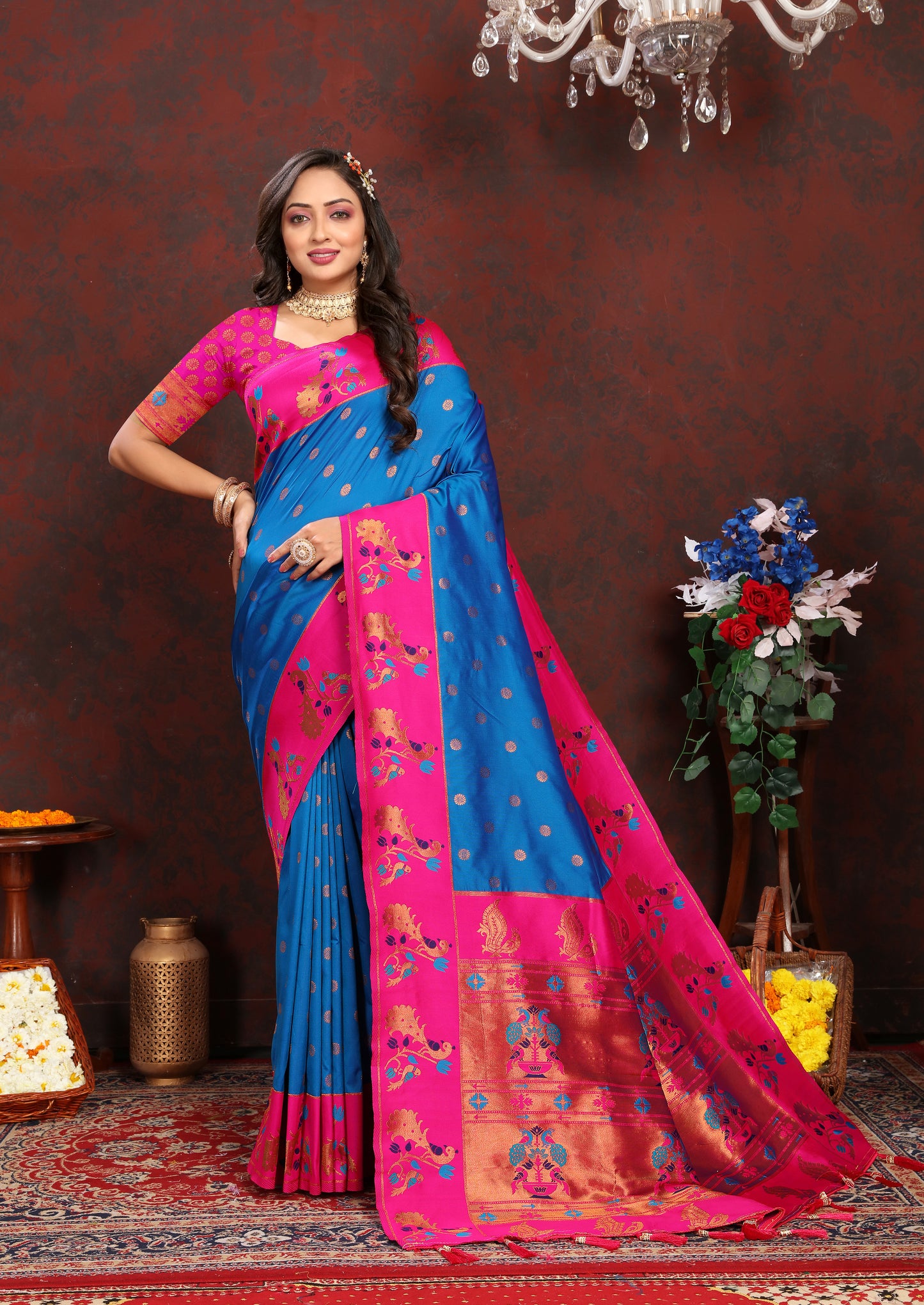 Banarasi Soft Silk Blue And Pink Saree