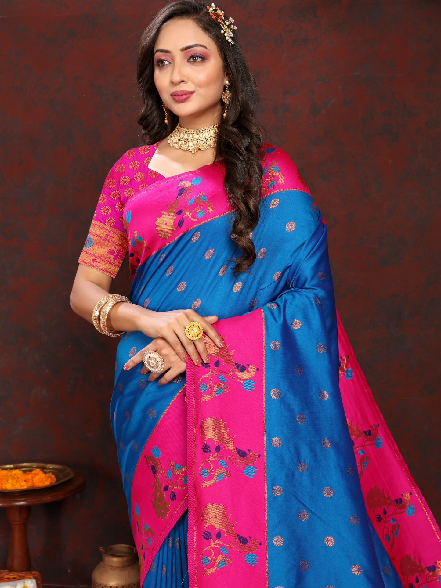 Banarasi Soft Silk Blue And Pink Saree