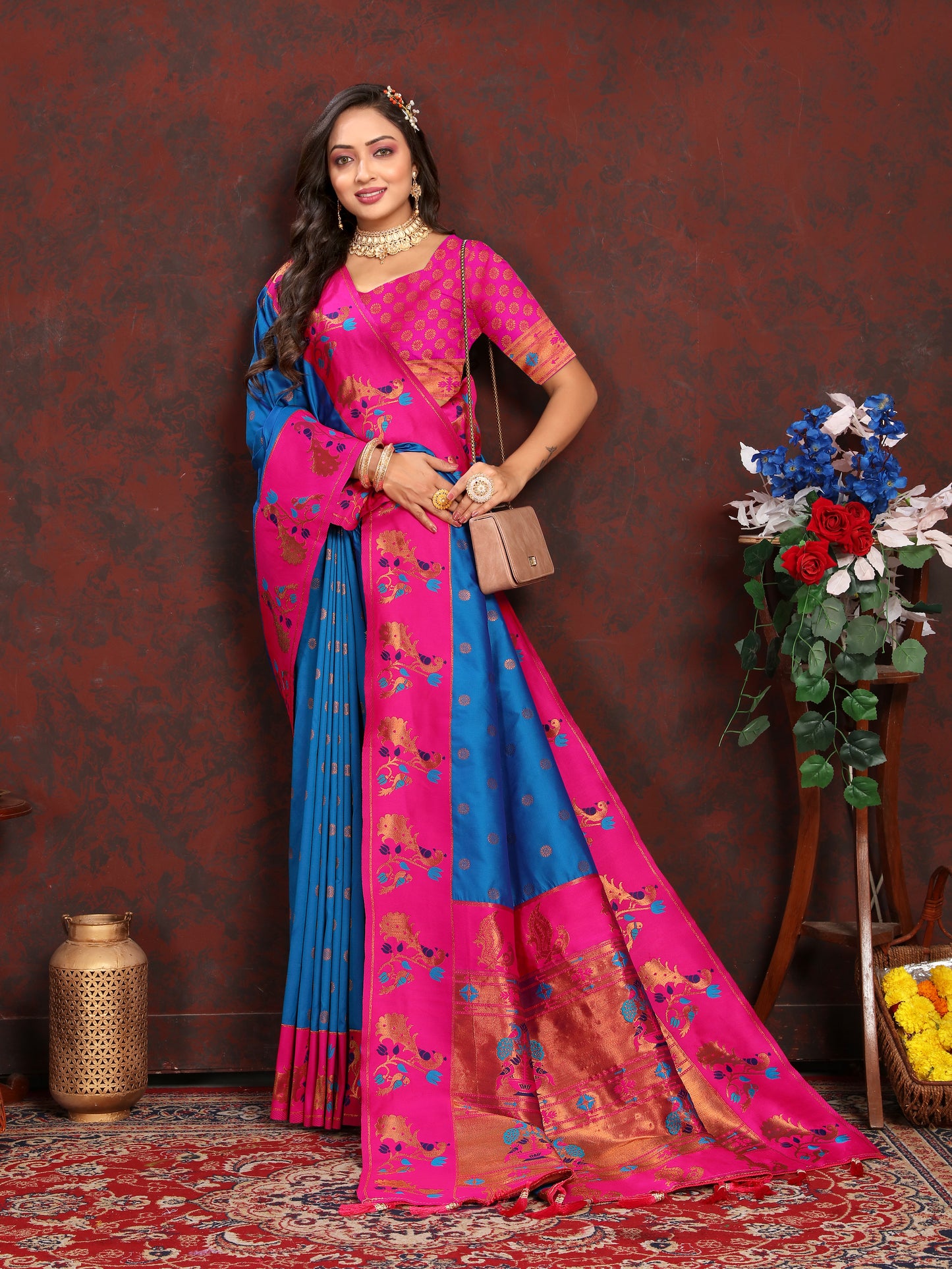 Banarasi Soft Silk Blue And Pink Saree