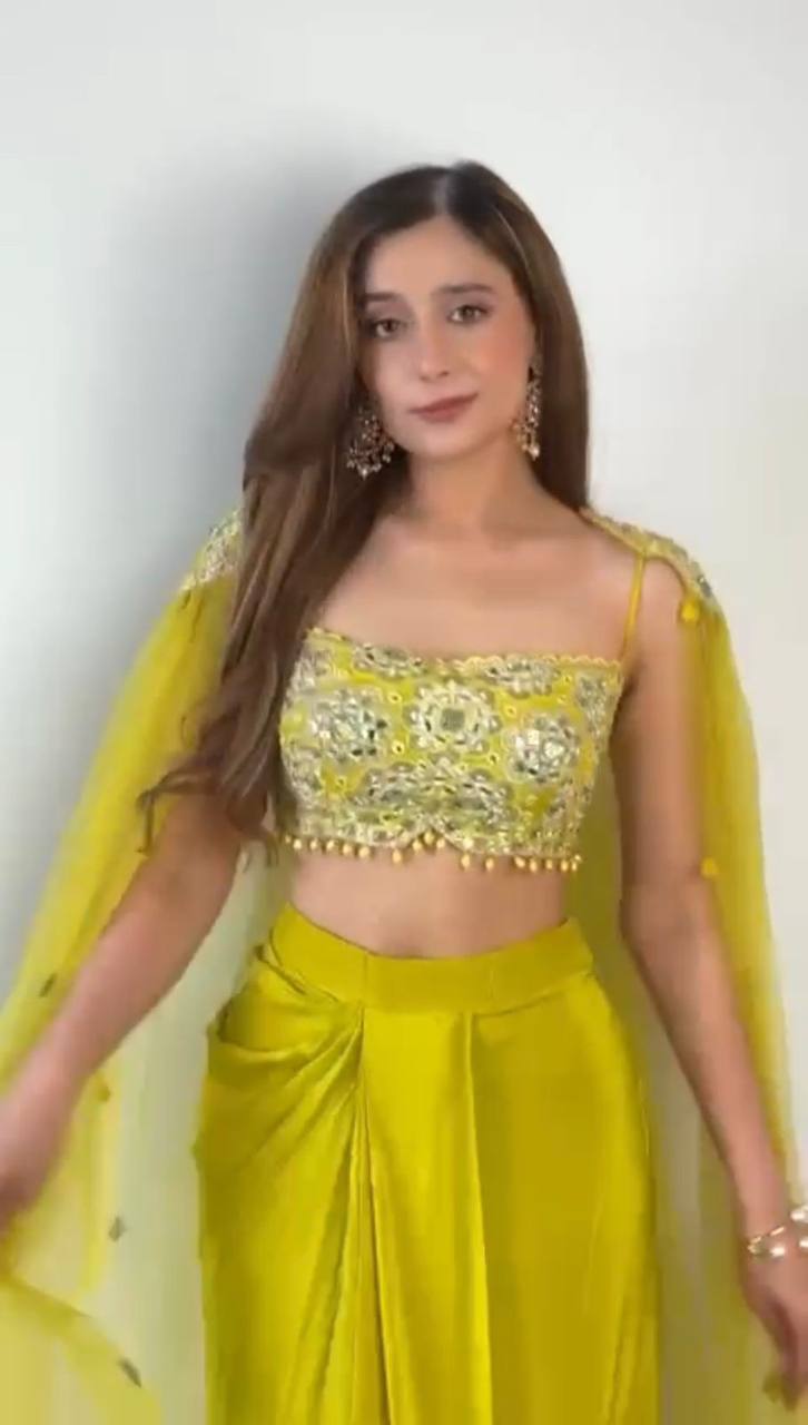 French Silk Mirror Embroidery Lehenga Choli Set