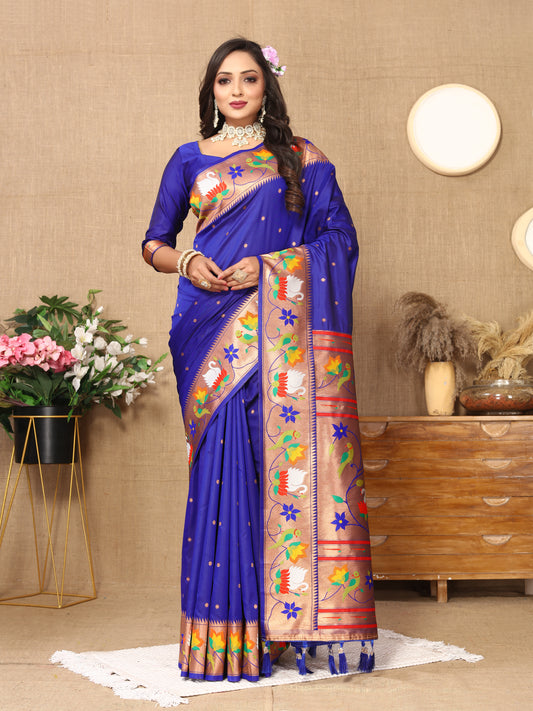 Soft  Paithani Dark Blue Silk Saree