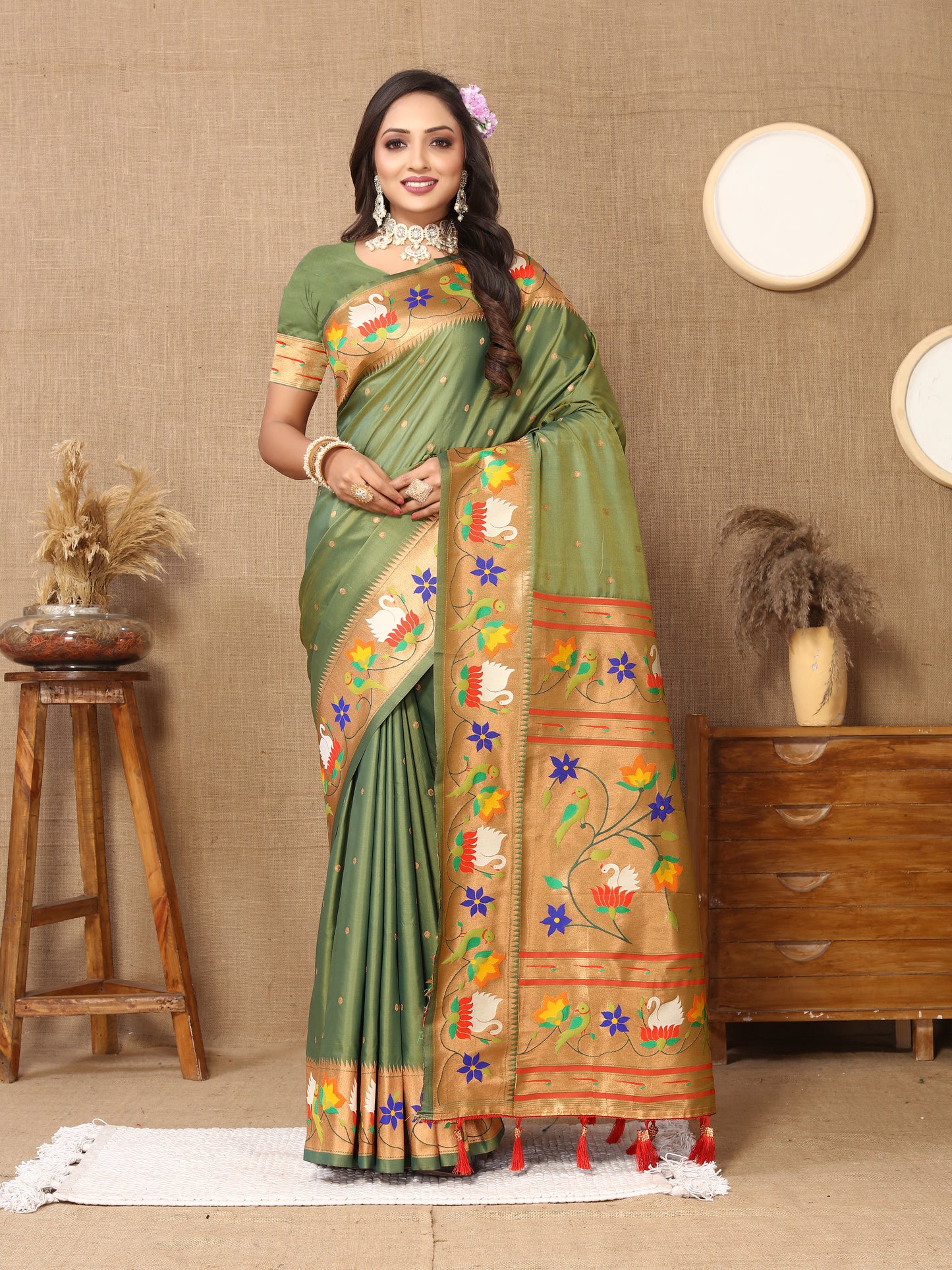 Soft  Paithani Mehendi Silk Saree