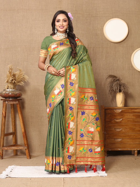 Soft  Paithani Mehendi Silk Saree