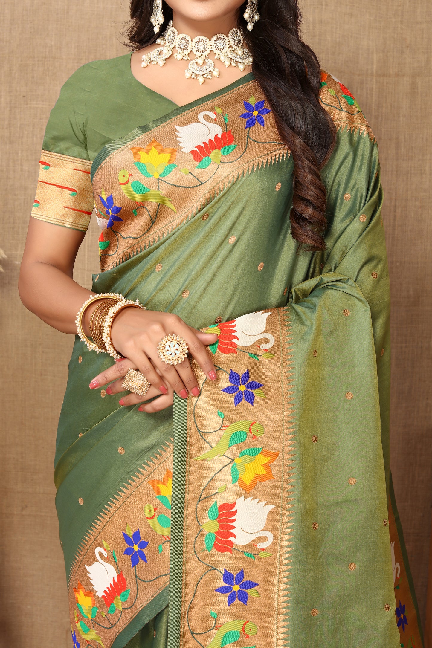 Soft  Paithani Mehendi Silk Saree