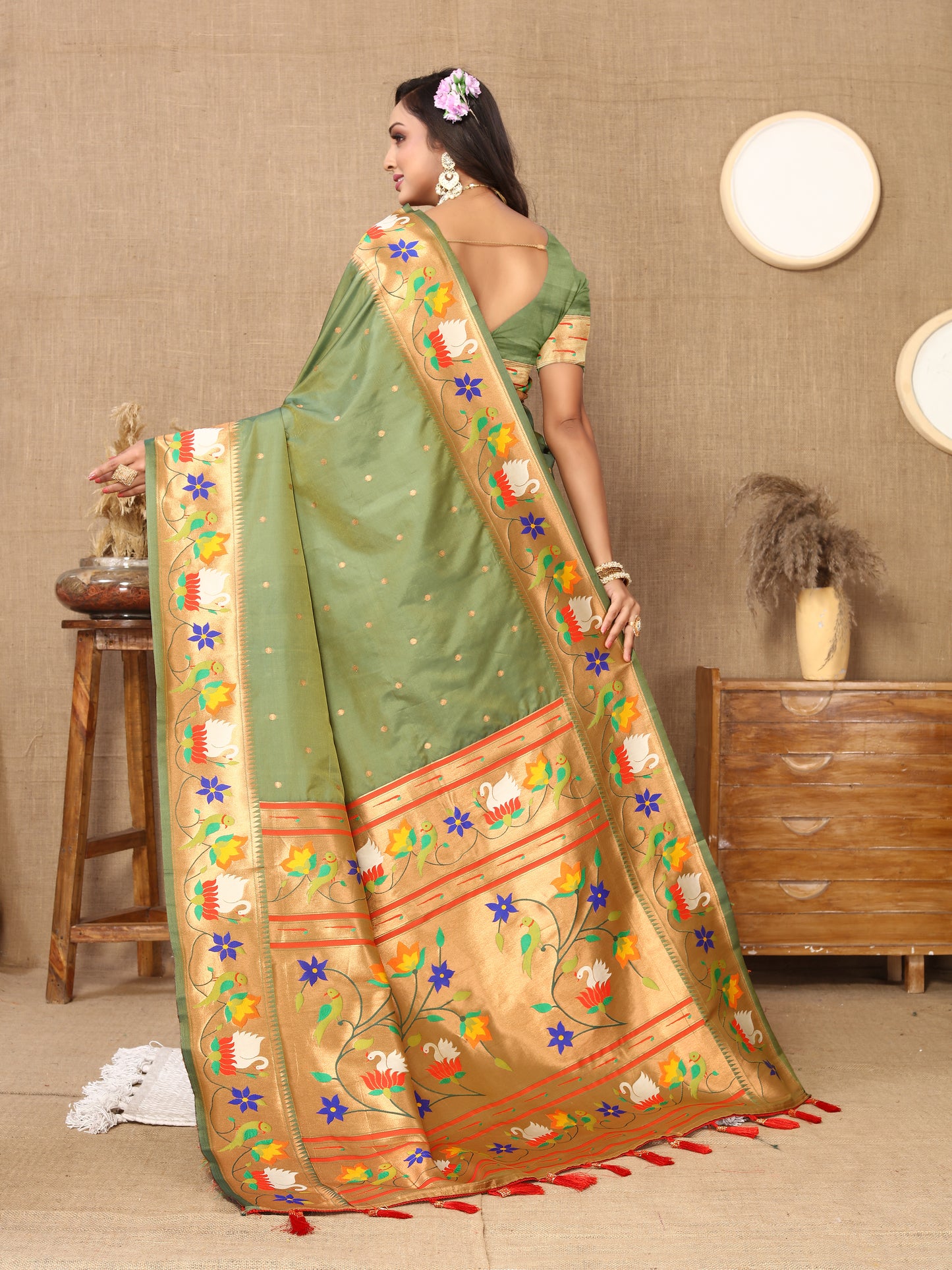 Soft  Paithani Mehendi Silk Saree