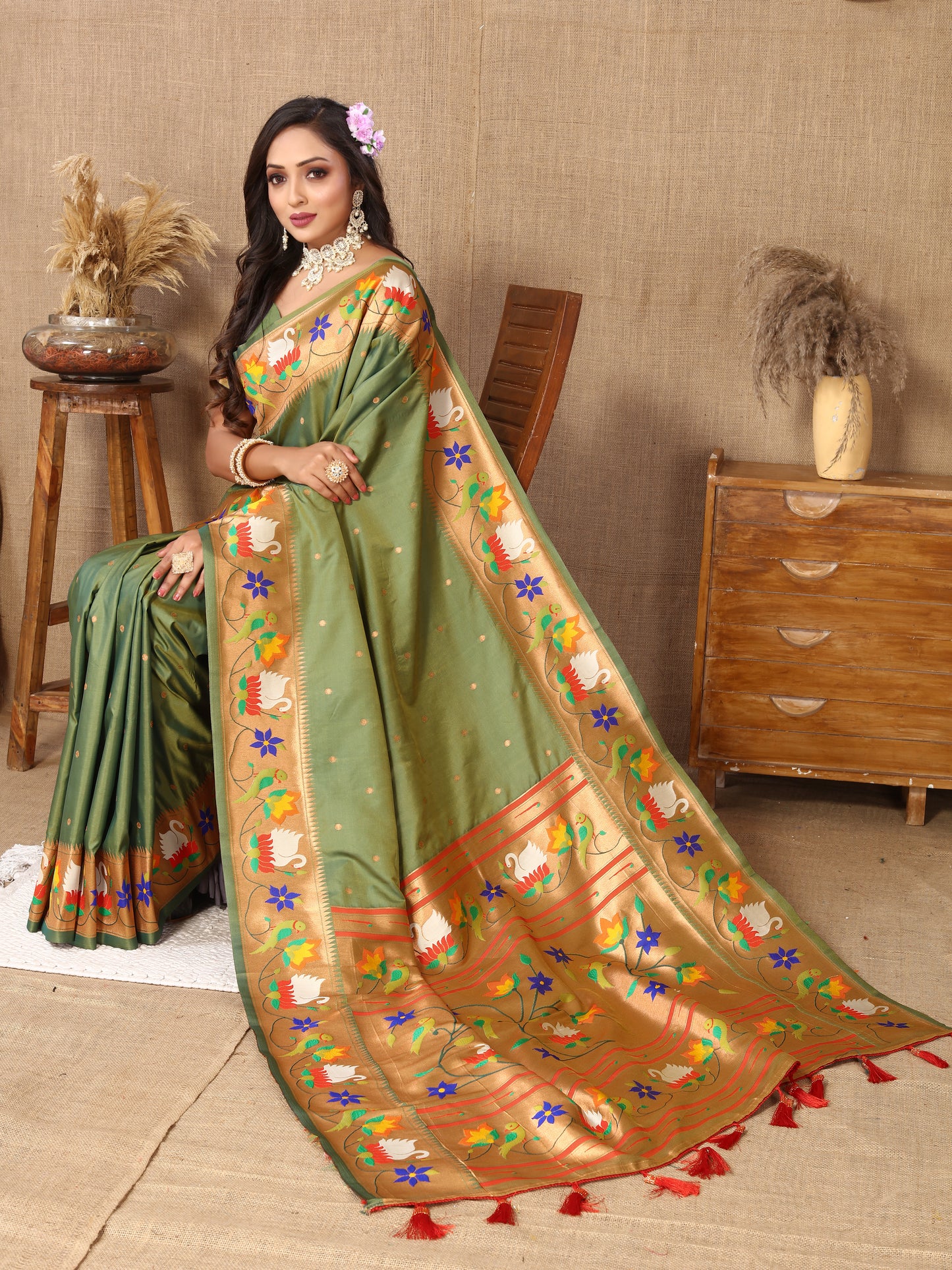Soft  Paithani Mehendi Silk Saree