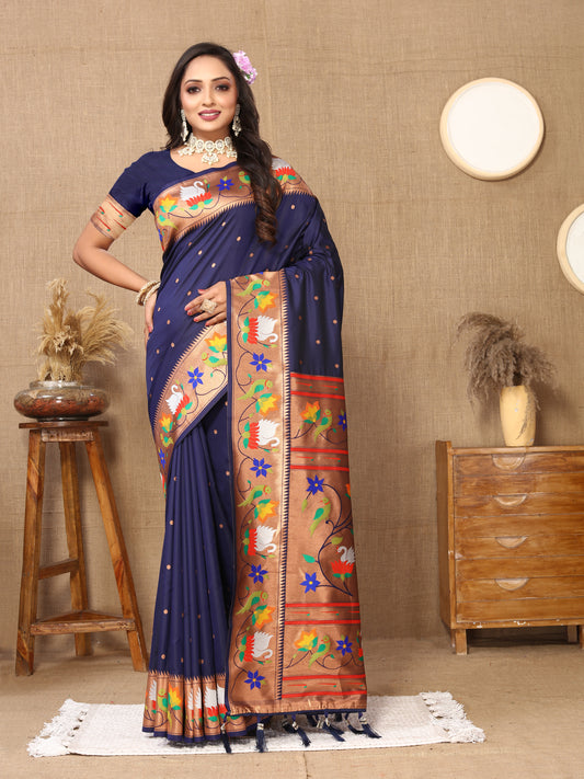 Soft  Paithani Navy Blue Silk Saree